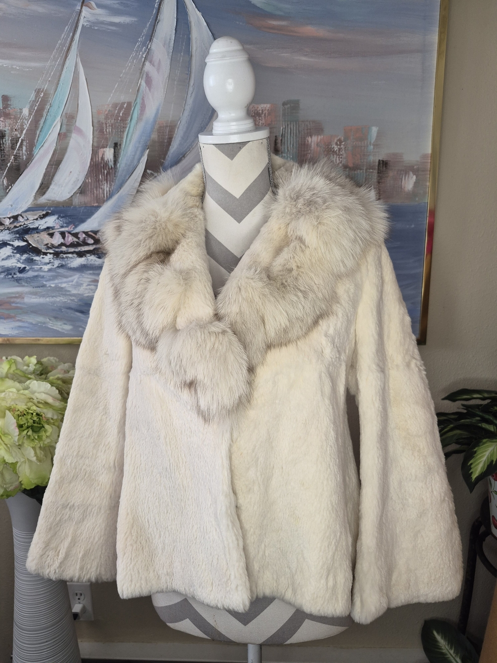 Vintage Cream Rabbit Fur Pea Coat with Arctic Fox Collar